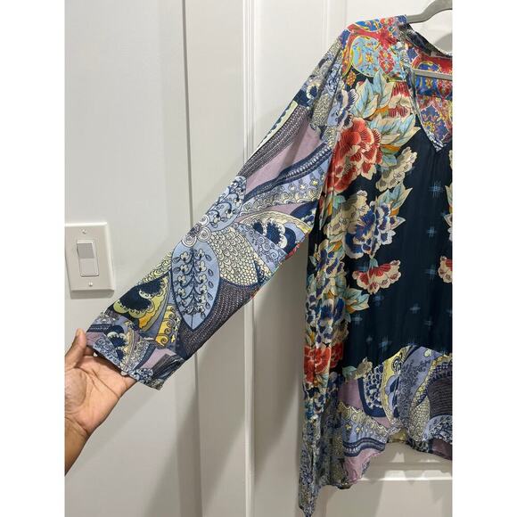 JOHNNY WAS USA Blue 100% Silk Japanese Floral, Long Sleeve Tunic Dress Sz M - Picture 4 of 10